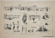 Antique illustration of a beach scene with various activities and people. Black and white.