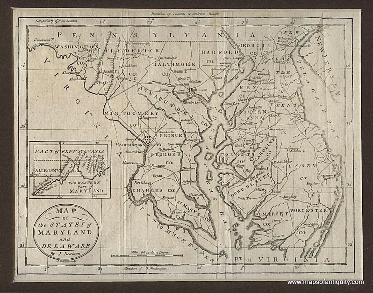 Black-and-White-Antique-Map-Map-of-the-States-of-Maryland-and-Delaware**********--United-States-Mid-Atlantic-1796-Denison-and-Doolittle-for-Jedidiah-Morse-Maps-Of-Antiquity