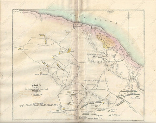 Antique-Map-Plan-of-attack-York-Virginia-British-American-Revolutionary-War-George-Washington-Military-History-Maps-of-Antiquity-1832