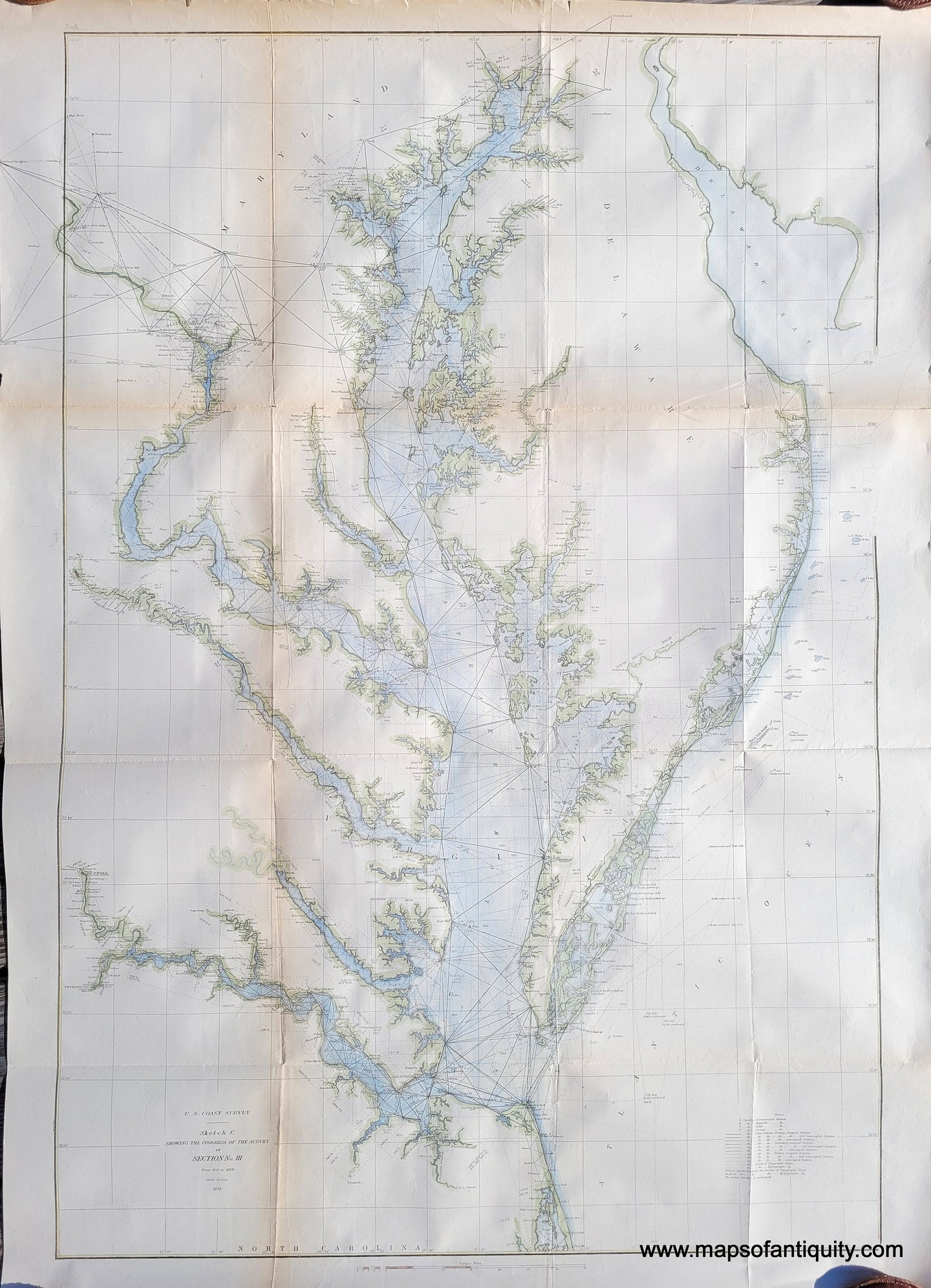 Hand-Colored-Antique--Nautical-Chart-Chesapeake-Bay-Sketch-C-Section-No.-III***********-Mid-Atlantic-Delaware-1875-U.S.-Coast-Survey-Maps-Of-Antiquity