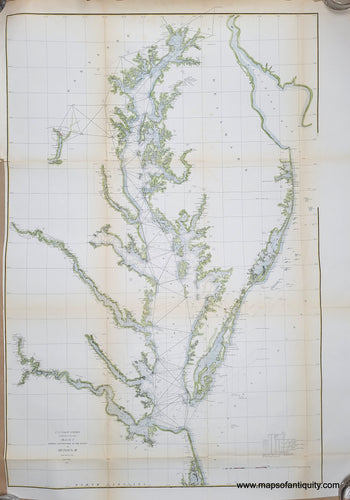 1859- Chesapeake Bay Sketch C Section No. Iii Antique Chart Genuine Report with green and blue outline color along the coast