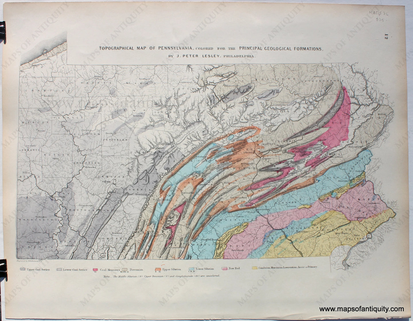 Antique-Hand-Colored-Geological-Map-Topographical-Map-of-Pennsylvania-Colored-for-the-Principal-Geological-Formations-by-Peter-Lesley.-United-States-Mid-Atlantic-1872-Walling-and-Gray-Maps-Of-Antiquity