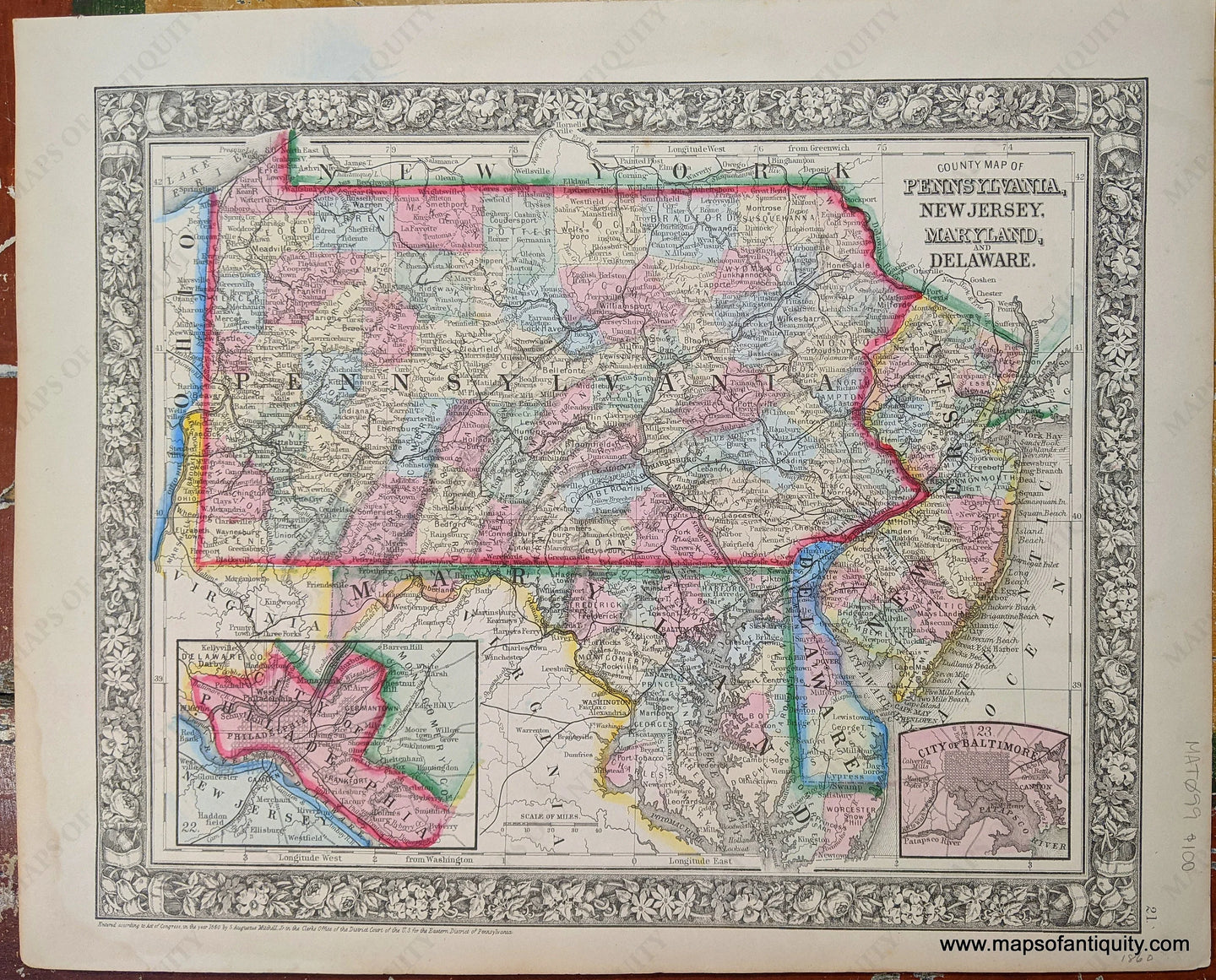 Antique-Hand-Colored-Map-County-Map-of-Pennsylvania-New-Jersey-Maryland-and-Delaware.-United-States-Mid-Atlantic-1860-Mitchell-Maps-Of-Antiquity