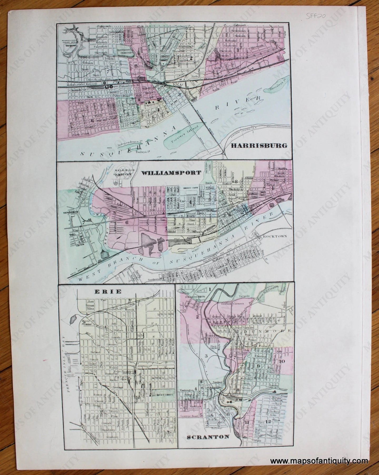 1883 - Harrisburg Williamsport Erie And Scranton. Antique Map Genuine Hand-Colored