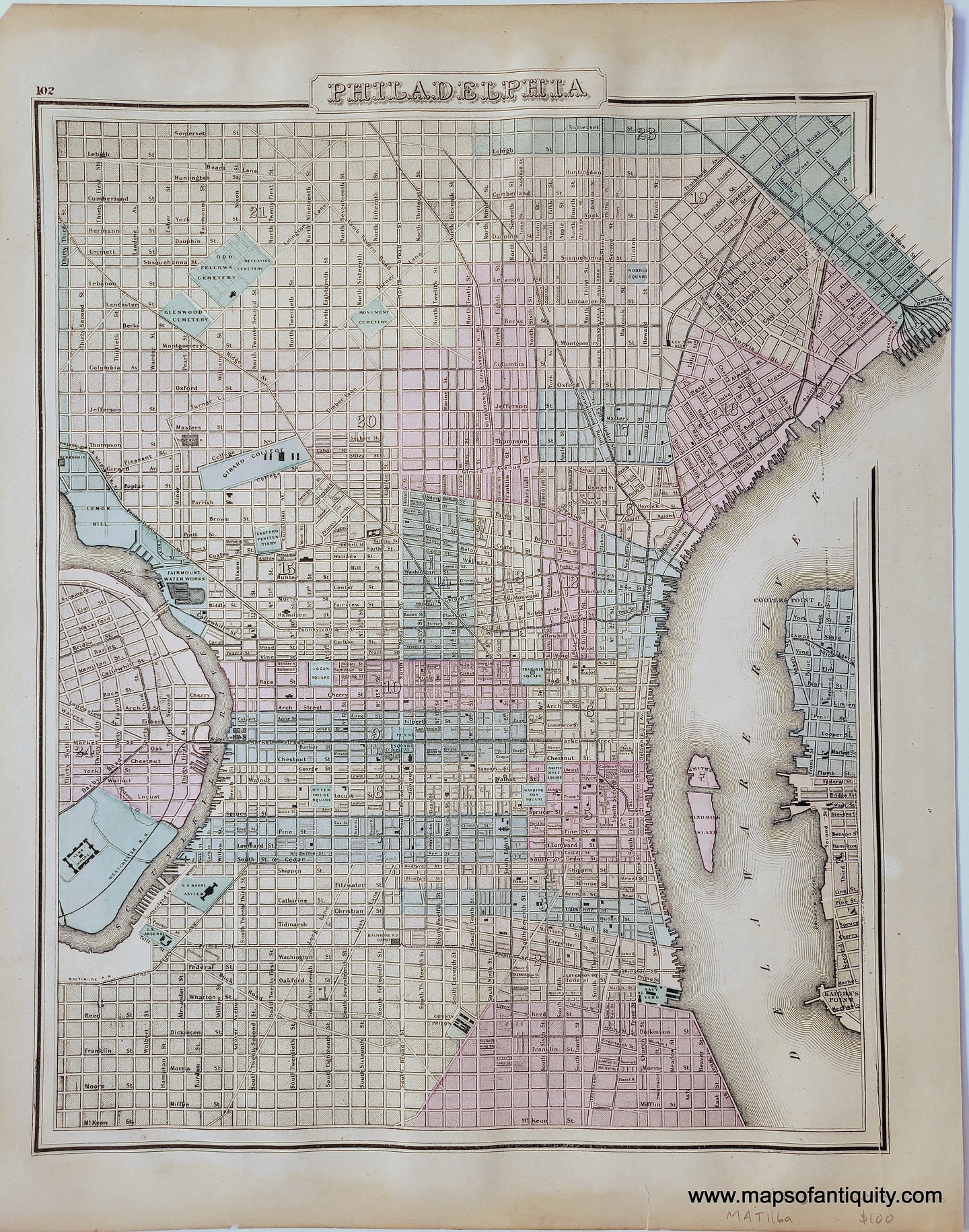 Antique map of the city of Philadelphia, PA, with original hand-color indicating wards. light orange, green/blue, pink, yellow, 