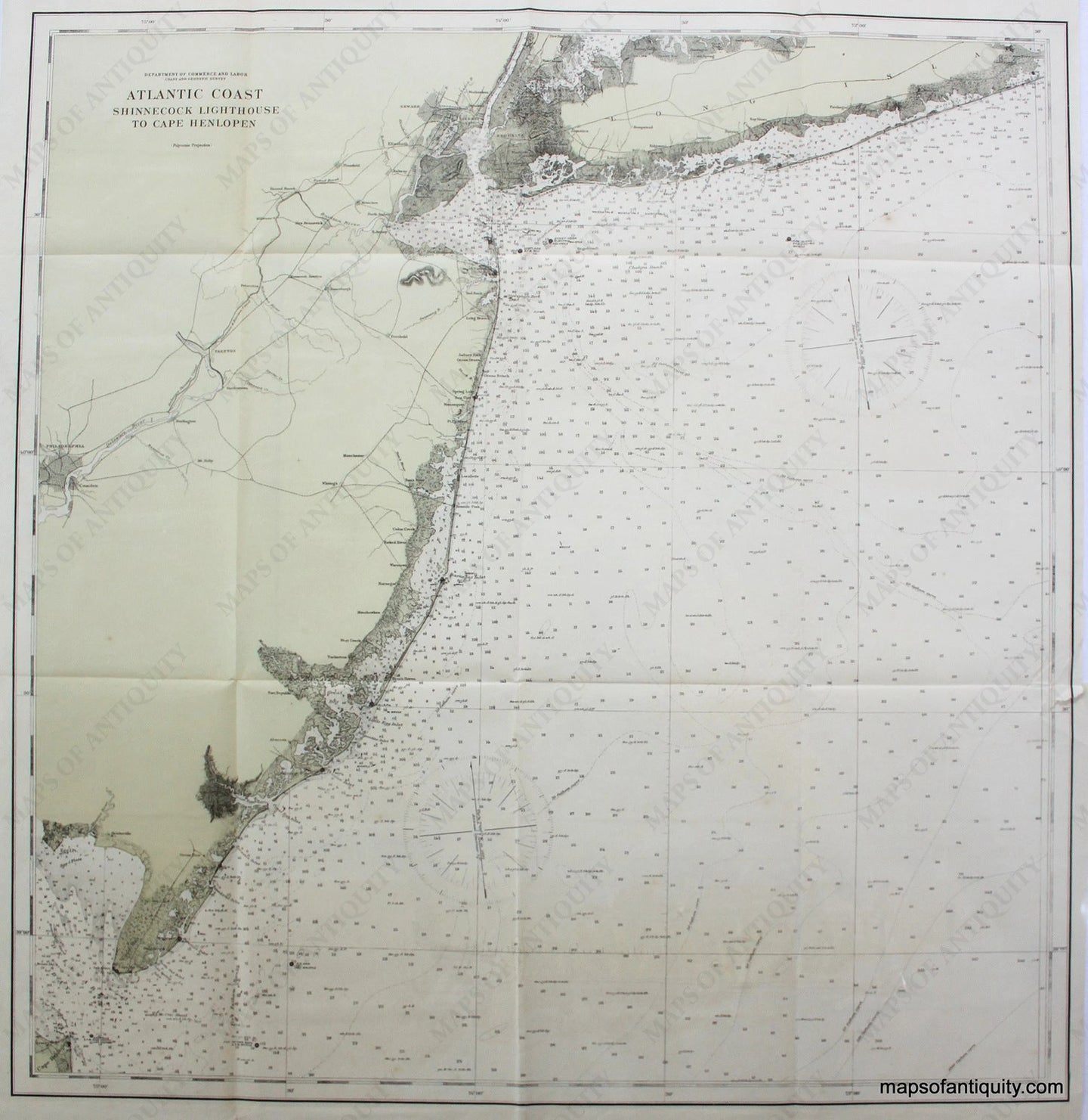 Printed-Color-Antique-Map-Atlantic-Coast-Shinnecock-Lighthouse-to-Cape-Henlopen-**********-United-States-Mid-Atlantic-1904-Department-of-Commerce-and-Labor-Coast-and-Geodetic-Survey-Maps-Of-Antiquity