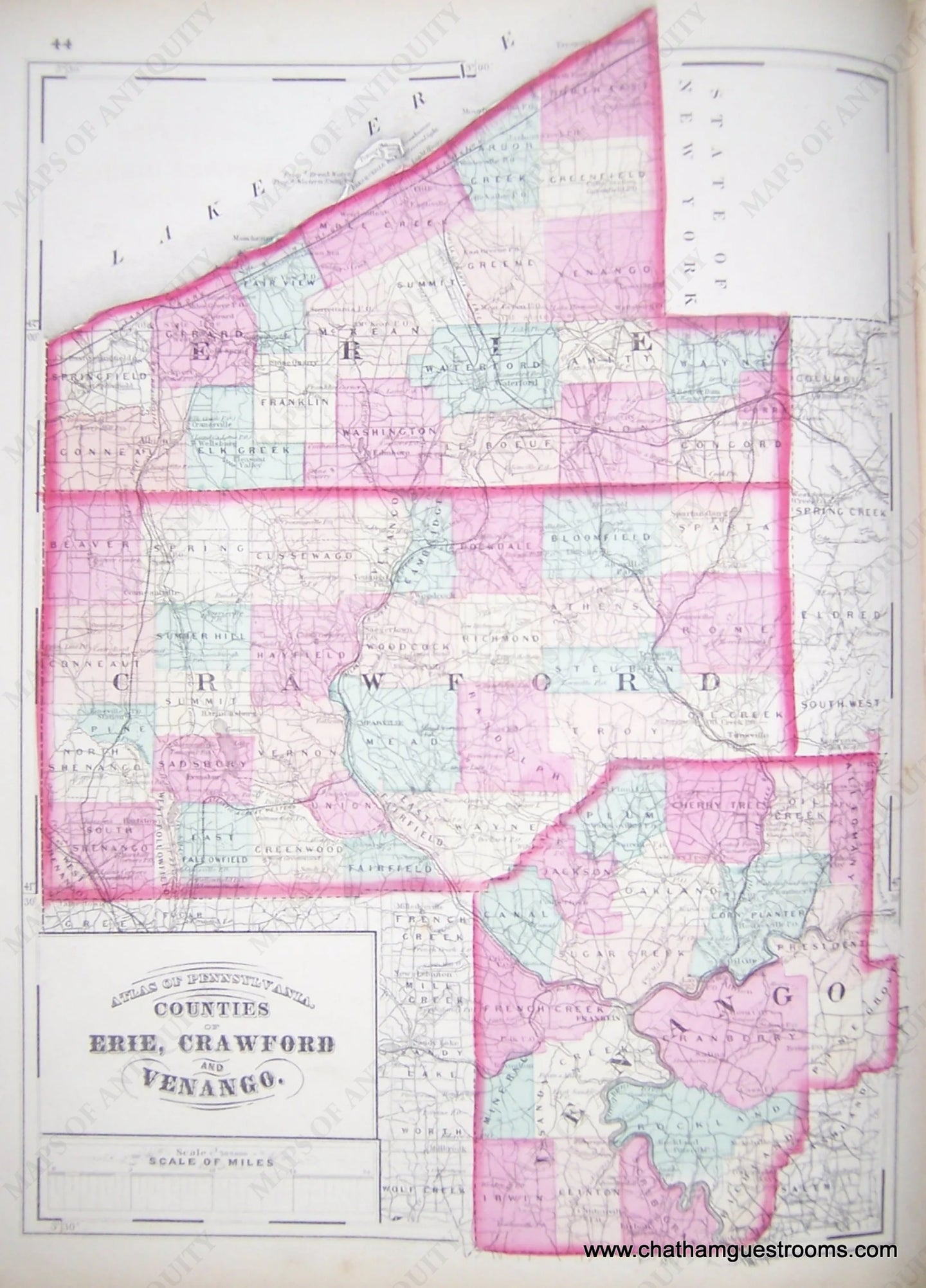 Antique-Hand-Colored-Geological-Map-Counties-of-Erie-Crawford-and-Venago-Pennsylvania-United-States-Mid-Atlantic-1872-Walling-and-Gray-Maps-Of-Antiquity