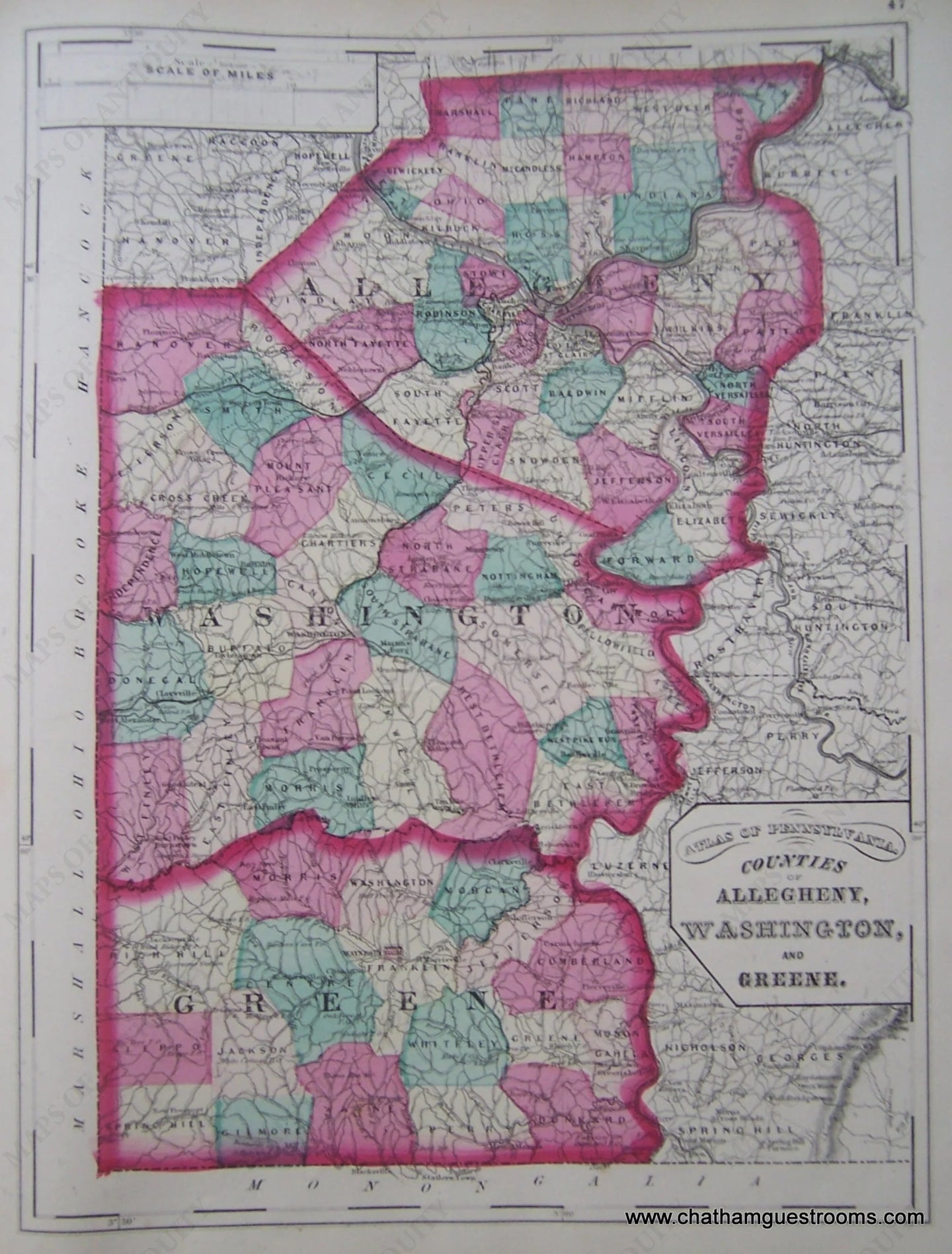 Antique-Hand-Colored-Geological-Map-Counties-of-Allegheny-Washington-and-Green-Pennsylvania-United-States-Mid-Atlantic-1872-Walling-and-Gray-Maps-Of-Antiquity