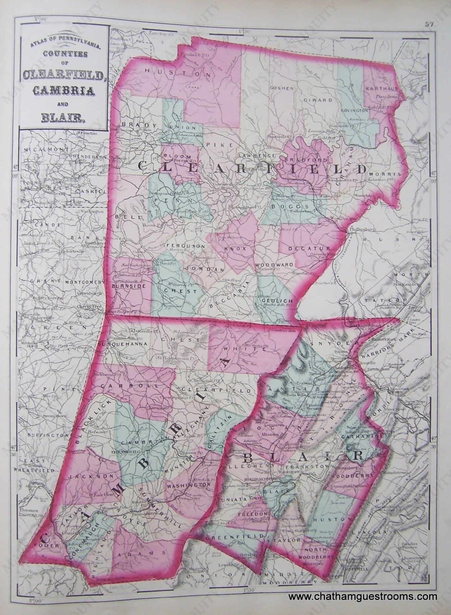 Antique-Map-Counties-Clearfield-Cambria-Blair-Pennsylvania