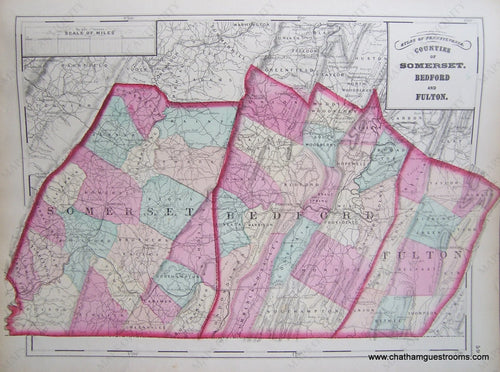 Antique-Hand-Colored-Geological-Map-Counties-of-Somerset-Bedford-and-Fulton-Pennsylvania-United-States-Mid-Atlantic-1872-Walling-and-Gray-Maps-Of-Antiquity