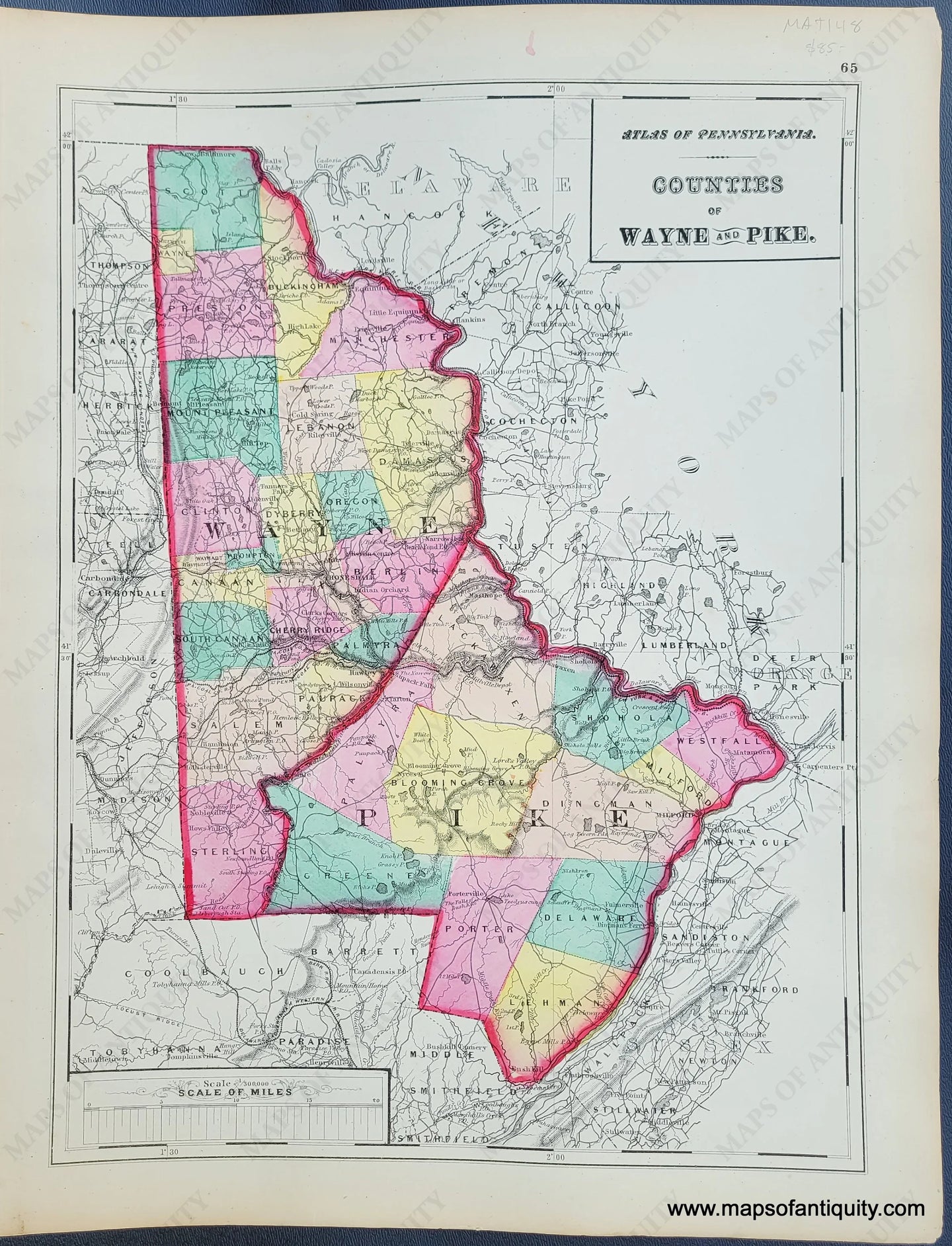 Antique-Hand-Colored-Geological-Map-Counties-of-Wayne-and-Pike-Pennsylvania-United-States-Mid-Atlantic-1872-Walling-and-Gray-Maps-Of-Antiquity