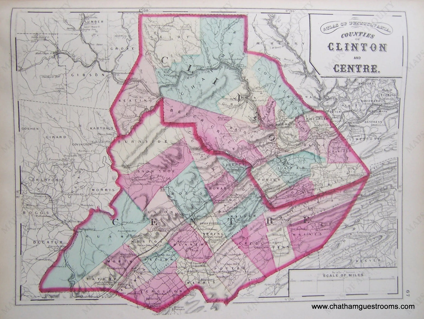 Antique-Hand-Colored-Geological-Map-Counties-of-Clinton-and-Centre-Pennsylvania-**********-United-States-Mid-Atlantic-1872-Walling-and-Gray-Maps-Of-Antiquity