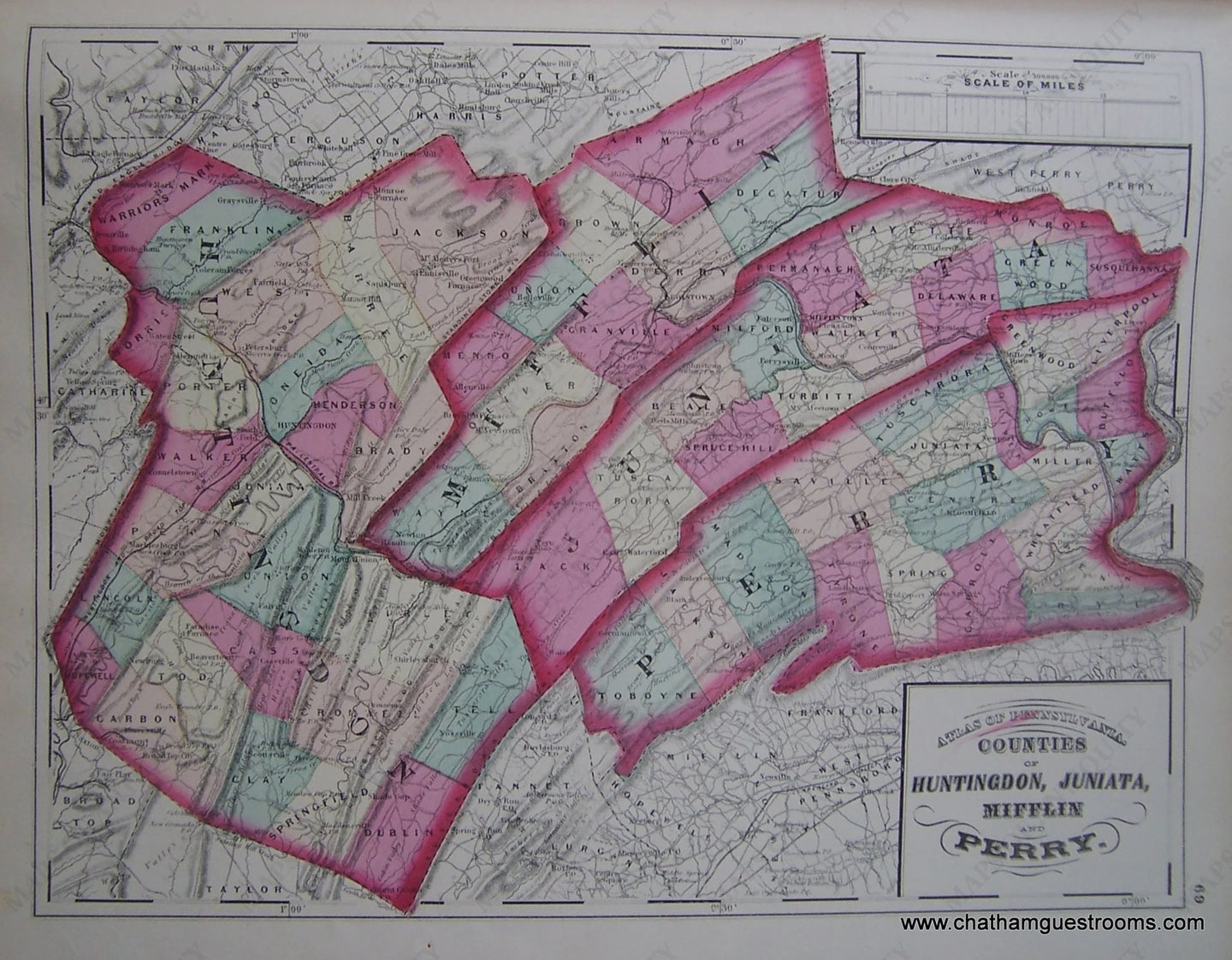 Antique-Hand-Colored-Geological-Map-Counties-of-Huntingdon-Juniata-Mifflin-and-Perry-Pennsylvania-United-States-Mid-Atlantic-1872-Walling-and-Gray-Maps-Of-Antiquity