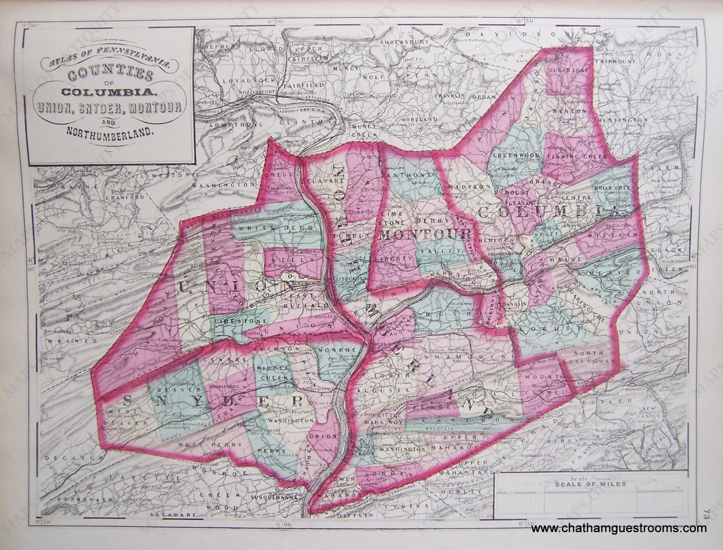 Antique-Hand-Colored-Geological-Map-Counties-of-Columbia-Union-Snyder-Montour-and-Northumberland-Pennsylvania-United-States-Mid-Atlantic-1872-Walling-and-Gray-Maps-Of-Antiquity