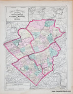 Antique map of Northampton, Carbon, Monroe, and Lehigh counties with colorful boundaries. Pennsylvania.  Antique map with original color in tones of pink, green, yellow, and orange.  
