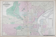 Load image into Gallery viewer, map original color in tones of pink, green, yellow, and orange Antique-Map-Of-The-Compact-Portions-Philadelphia-And-Camden-Verso-City-Lancaster-Allentown-Antique-1872-Pennsylvania-PA
