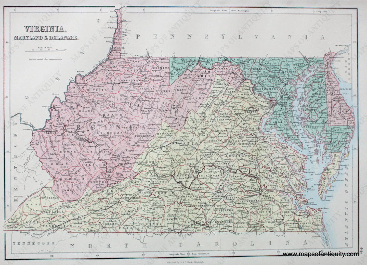 Antique-printed-color-Map-Virginia-Maryland-&-Delaware-United-States-Mid-Atlantic-1879-Black-Maps-Of-Antiquity