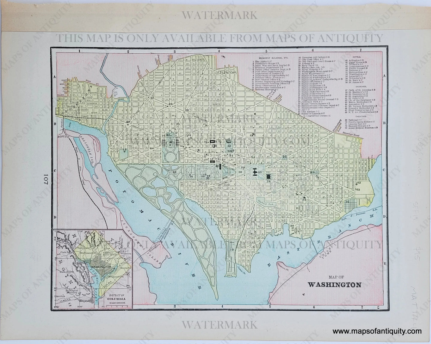 Antique map with vibrant original printed colors of yellow for the city, green for the parks and marsh, pink for the land outside the city, and blue for the water. Antique-Map-Washington-DC-Pittsburgh-Allegheny-City--Pennsylvania-Richmond-Manchester-Virginia-Cram-1900