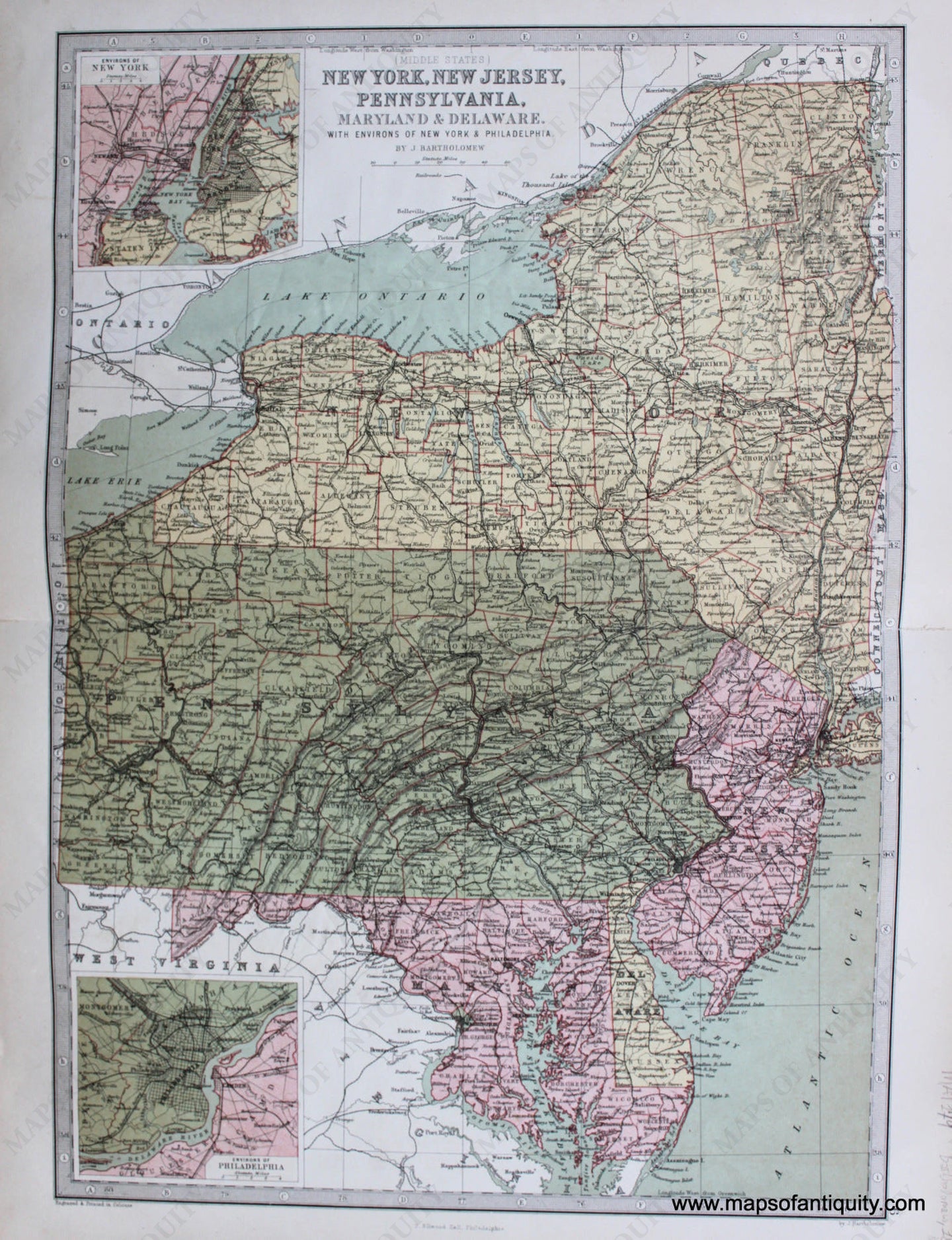 Antique-Printed-Color-Map-(Middle-States)-New-York-New-Jersey-Pennsylvania-Maryland-&-Delaware.-With-Environs-of-New-York-&-Philadelphia-United-States-New-York-New-Jersey-Pennsylvania-Maryland-Delaware-1873-J.-Bartholomew-Maps-Of-Antiquity