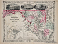 Map with original hand-coloring in tones of pink, green, yellow, and orange. Maps-Antiquity-Antique-Map-Midatlantic-United-States-Johnson's-Delaware-and-Maryland-Johnson-Ward-1864-1860s-1800s-19th-Century