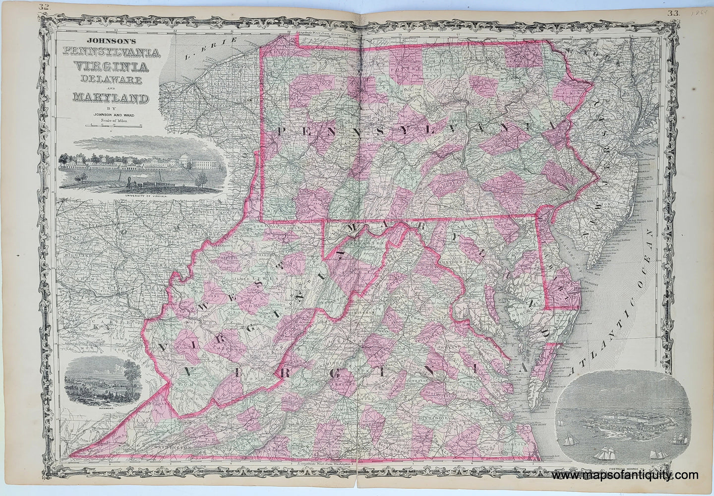 Maps-Antiquity-Antique-Map-United-States-Johnson-Ward-1864-1860s-1800s-19th-Century-Johnson's-Pennsylvania-Virginia-Delaware-Maryland-Richmond-Fortress-Monroe-VA-University-of-Virginia