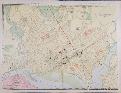 Antique-Printed-Color-Map-Washington-D.C.-******-United-States-Mid-Atlantic-1908-Rand-McNally-Maps-Of-Antiquity. Original printed color in tones of green, blue, pink, yellow, and red-orange lines segmenting the city into quadrants