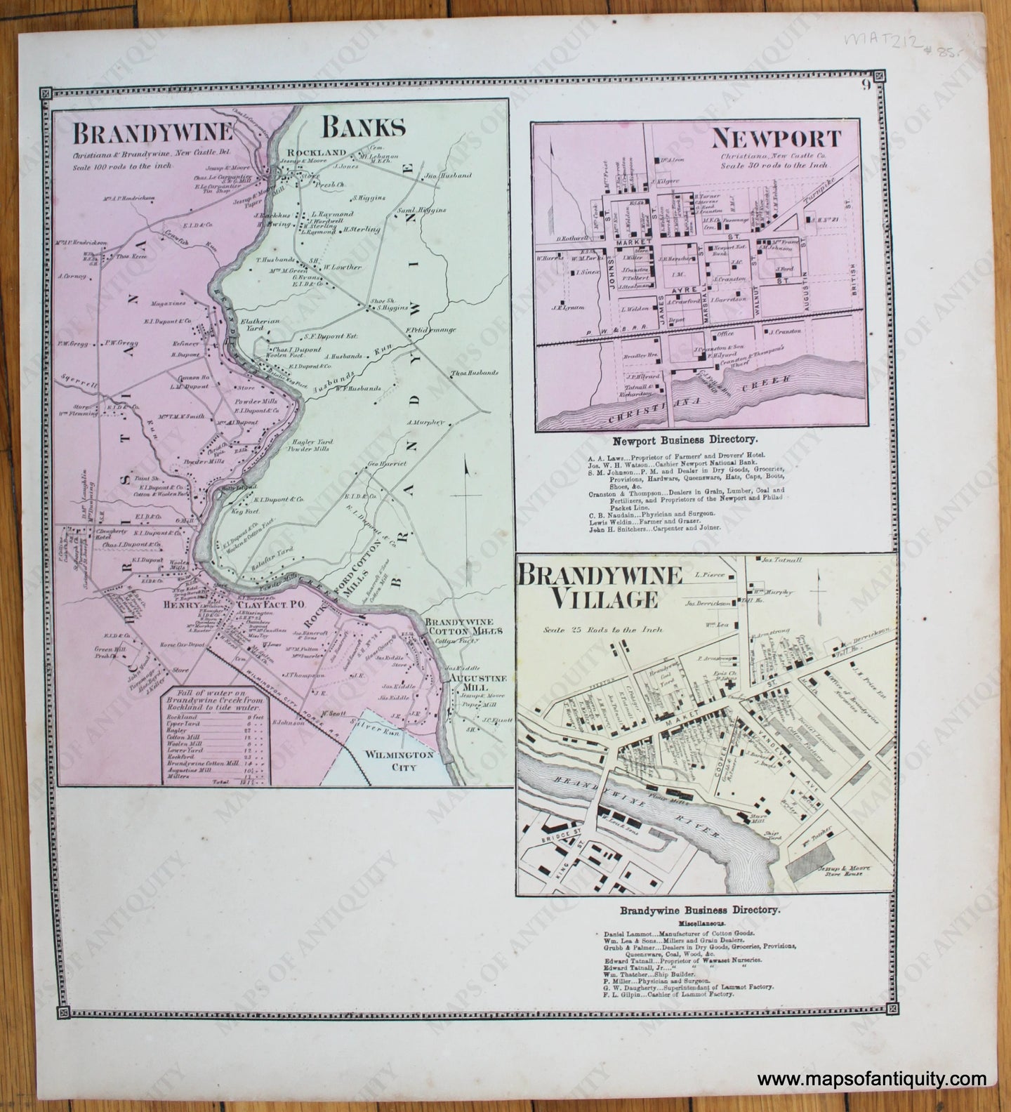 Brandywine-Banks-Christiana-&-Brandywine-New-Castle-Del.-Newport-Christiana-New-Castle-Co.-Brandywine-Village-Antique-Map-1868-Beers-1860s-1800s-19th-century-Maps-of-Antiquity