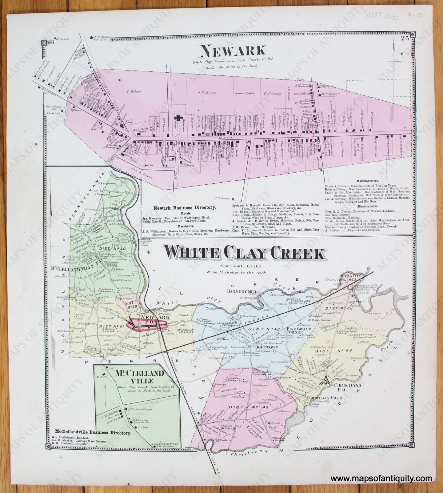 Newark-White-Clay-Creek-McClellandville-Antique-Map-1868-Beers-1860s-1800s-19th-century-Maps-of-Antiquity