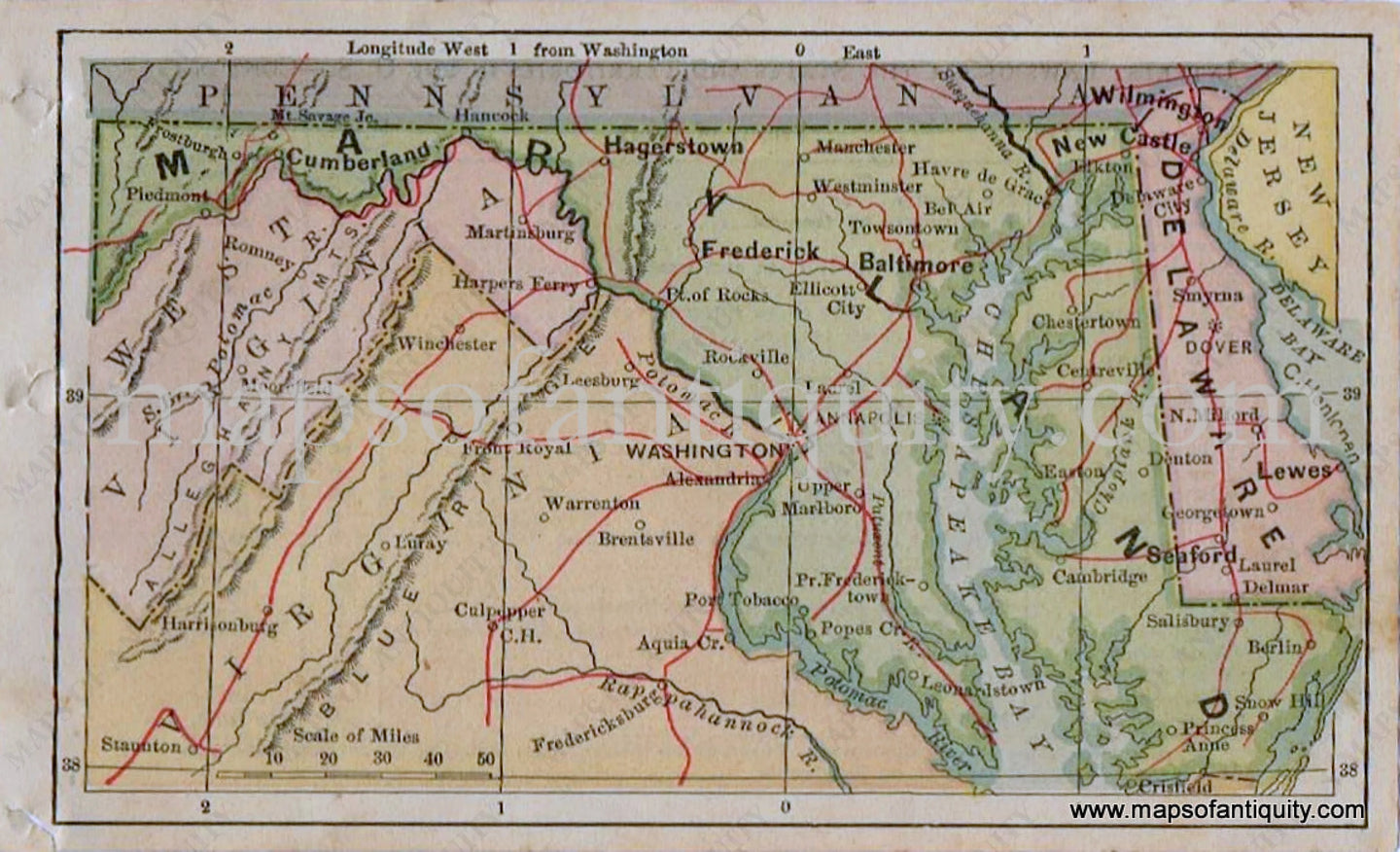 Antique-Map-Miniature-Map-of-Maryland-1880-Bradstreet-1800s-19th-century-maps-of-Antiquity