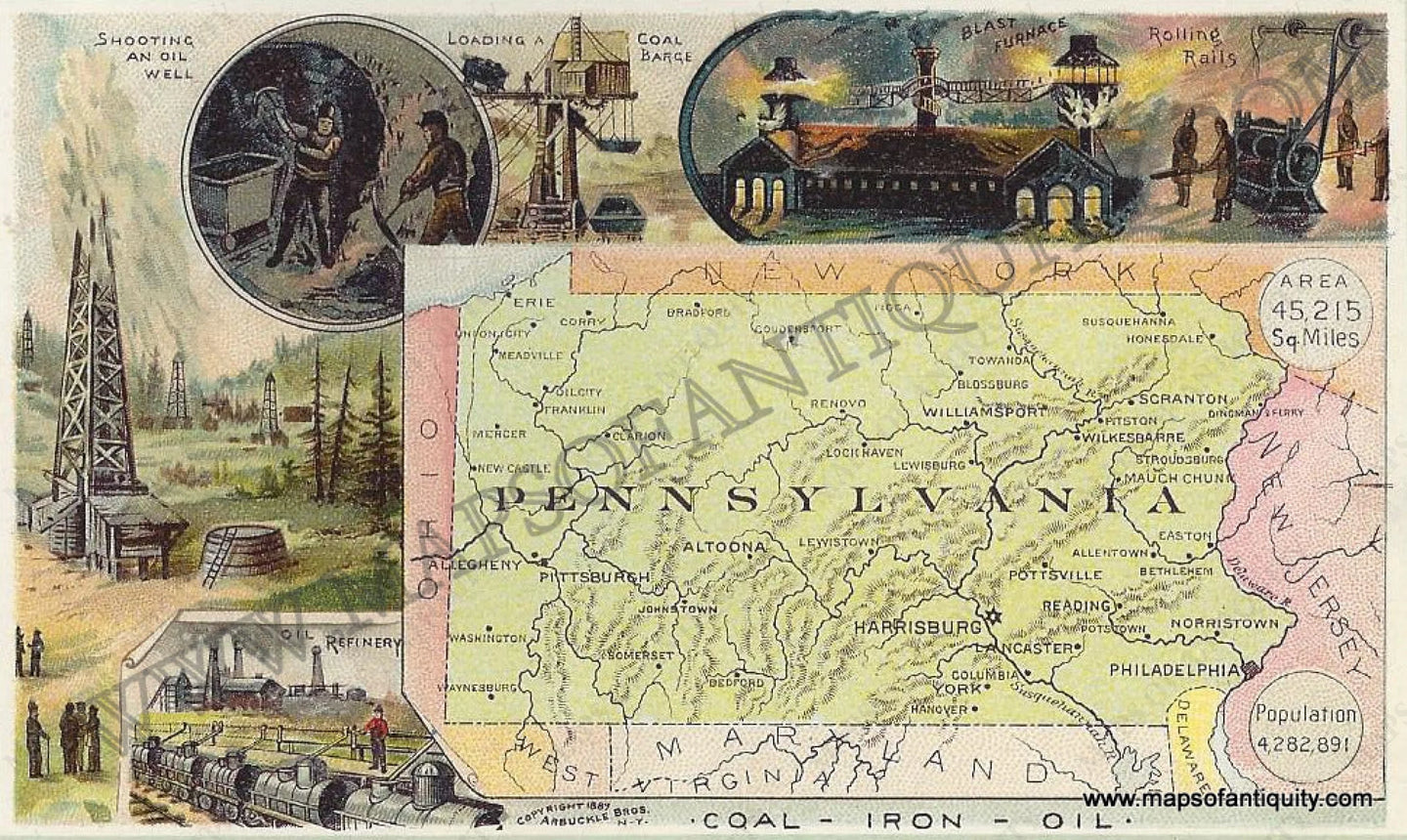 Antique-Chromolithograph-Map-Pennsylvania-1890-Arbuckle-Mid-Atlantic-Pennsylvania-1800s-19th-century-Maps-of-Antiquity