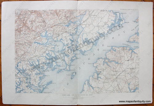 Antique-Printed-Color-Coast-Chart-Coast-Lines-Part-of-Tolchester-(MD)-Sheet-USGS-Mid-Atlantic-Maryland-1800s-19th-century-Maps-of-Antiquity
