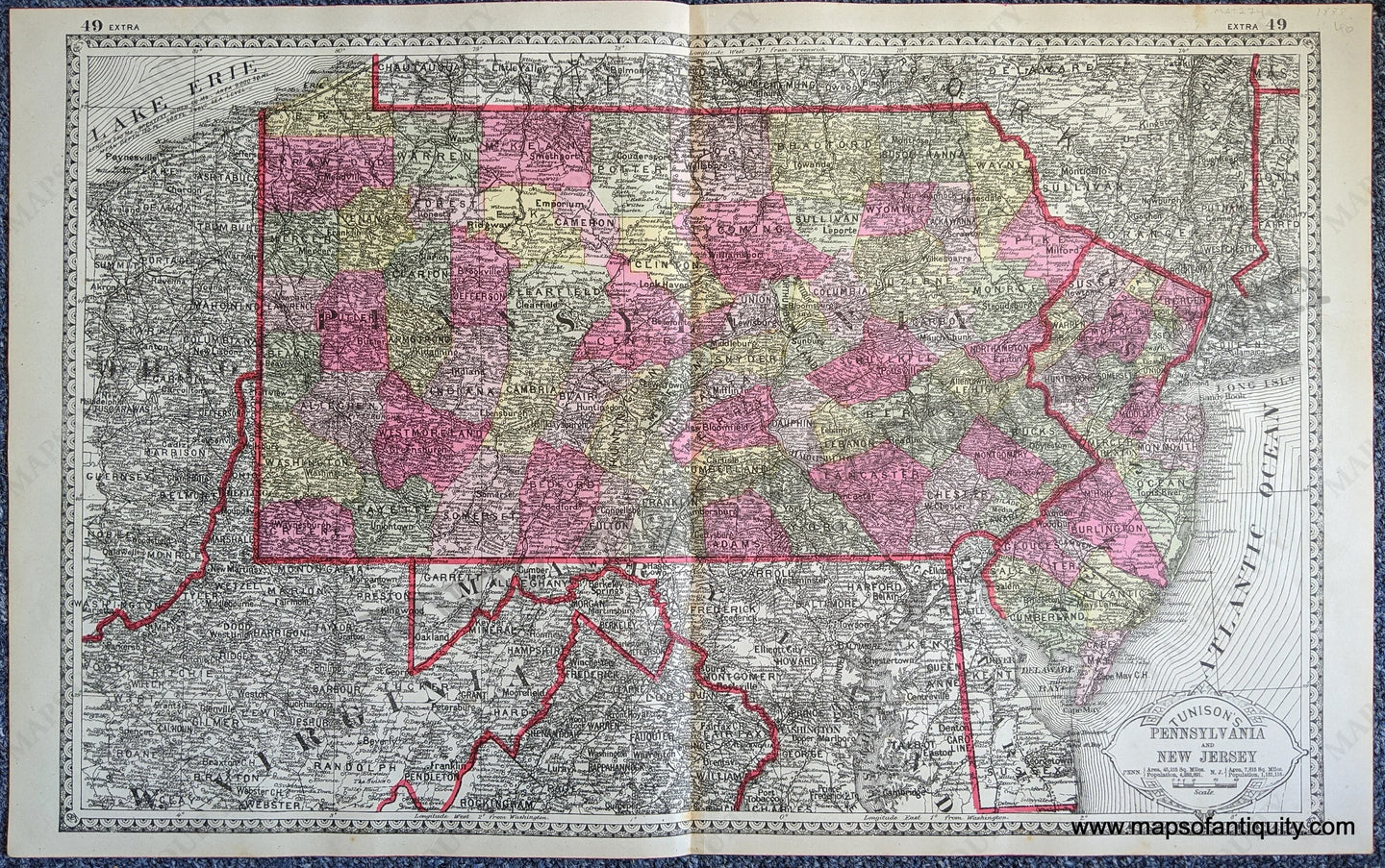 Antique-Map-Tunison's-Pennsylvania-and-New-Jersey-United-States-Pennsylvania-1888-Tunison-Maps-Of-Antiquity-1800s-19th-century