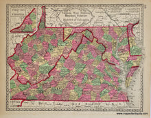 Load image into Gallery viewer, Antique double-sided sheet from Tunison&#39;s Peerless Universal Atlas of the World, 1887 by H.C. Tunison. On one side is a map of Virginia, West Virginia, Maryland, Delaware, and DC with an inset of part of Virginia, the centerfold of the page is a map of New York, and on the other side is a map showing the new Standard Time Zones and state seals. Decorative border and cartouche. Vibrant original color. 
