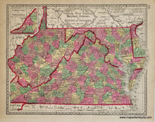 Load image into Gallery viewer, Antique double-sided sheet from Tunison&#39;s Peerless Universal Atlas of the World, 1887 by H.C. Tunison. On one side is a map of Virginia, West Virginia, Maryland, Delaware, and DC with an inset of part of Virginia, the centerfold of the page is a map of New York, and on the other side is a map showing the new Standard Time Zones and state seals. Decorative border and cartouche. Vibrant original color. 
