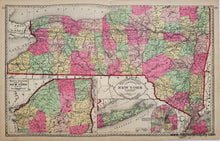 Load image into Gallery viewer, Antique double-sided sheet from Tunison&#39;s Peerless Universal Atlas of the World, 1887 by H.C. Tunison. On one side is a map of Virginia, West Virginia, Maryland, Delaware, and DC with an inset of part of Virginia, the centerfold of the page is a map of New York, and on the other side is a map showing the new Standard Time Zones and state seals. Decorative border and cartouche. Vibrant original color. 
