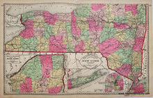 Load image into Gallery viewer, Antique double-sided sheet from Tunison&#39;s Peerless Universal Atlas of the World, 1887 by H.C. Tunison. On one side is a map of Virginia, West Virginia, Maryland, Delaware, and DC with an inset of part of Virginia, the centerfold of the page is a map of New York, and on the other side is a map showing the new Standard Time Zones and state seals. Decorative border and cartouche. Vibrant original color. 
