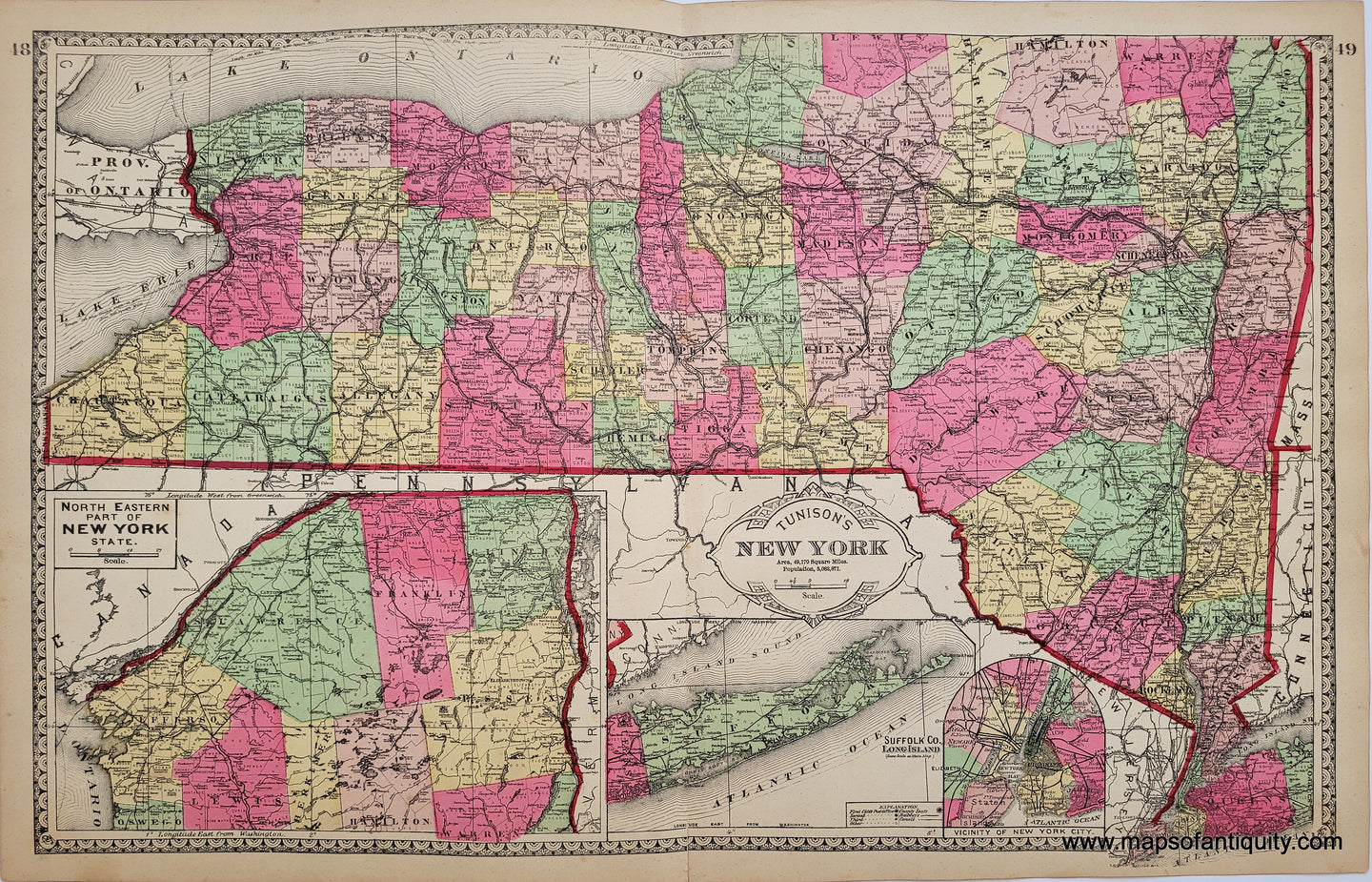 Antique double-sided sheet from Tunison's Peerless Universal Atlas of the World, 1887 by H.C. Tunison. On one side is a map of Virginia, West Virginia, Maryland, Delaware, and DC with an inset of part of Virginia, the centerfold of the page is a map of New York, and on the other side is a map showing the new Standard Time Zones and state seals. Decorative border and cartouche. Vibrant original color. 