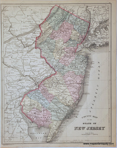 1888 - County Map Of The State New Jersey Antique Genuine