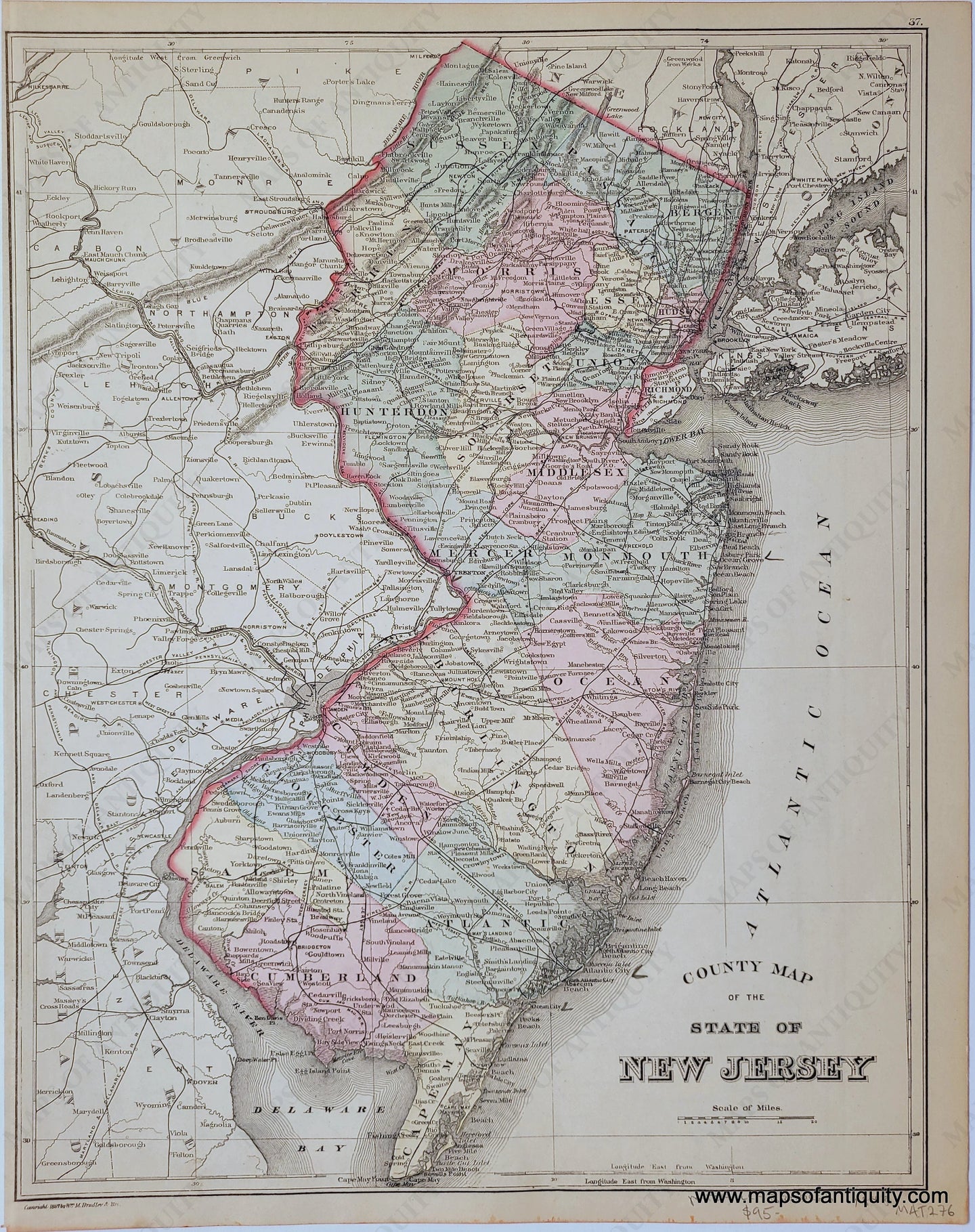 1888 - County Map Of The State New Jersey Antique Genuine