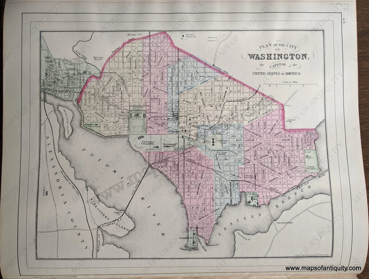 Antique-Hand-Colored-Map-Double-sided-sheet-with-multiple-maps:-Centerfold---County-Map-of-the-States-of-Delaware-Maryland-Virginia-and-West-Virginia-;-versos:-Plan-of-the-City-of-Washington-The-Capitol-of-the-United-States-of-America-/-Plan-of-Baltimore-United-States-Mid-Atlantic-1884-Mitchell-Maps-Of-Antiquity-1800s-19th-century