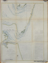 Load image into Gallery viewer, Hand-colored coast survey report chart of the coast of VIrginia with a large inset map of the entrance to Chesapeake Bay, with green along the coast land and blue in the water. published 1855 by the US Coast Survey. 
