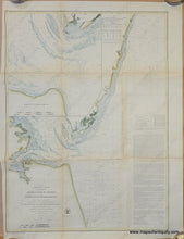 Load image into Gallery viewer, Hand-colored coast survey report chart of the coast of VIrginia with a large inset map of the entrance to Chesapeake Bay, with green along the coast land and blue in the water. published 1855 by the US Coast Survey. 
