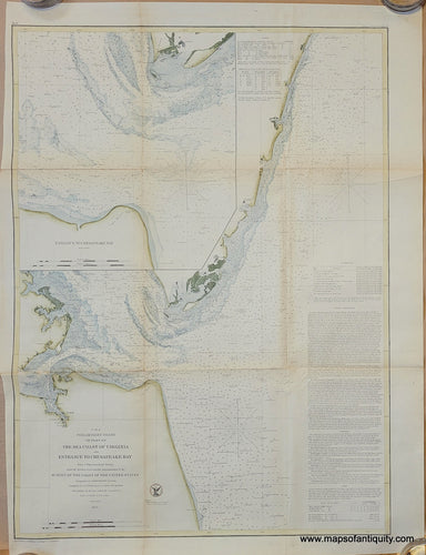 Hand-colored coast survey report chart of the coast of VIrginia with a large inset map of the entrance to Chesapeake Bay, with green along the coast land and blue in the water. published 1855 by the US Coast Survey. 