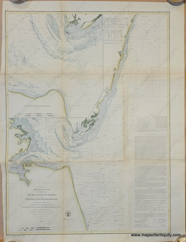 Hand-colored coast survey report chart of the coast of VIrginia with a large inset map of the entrance to Chesapeake Bay, with green along the coast land and blue in the water. published 1855 by the US Coast Survey. 