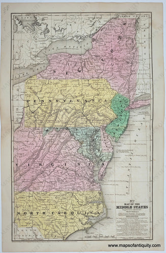 Antique map of the coastal states from New York to North Carolina with the grid of latitude and longitude, colored in antique tones of pink, yellow, green, and blue.