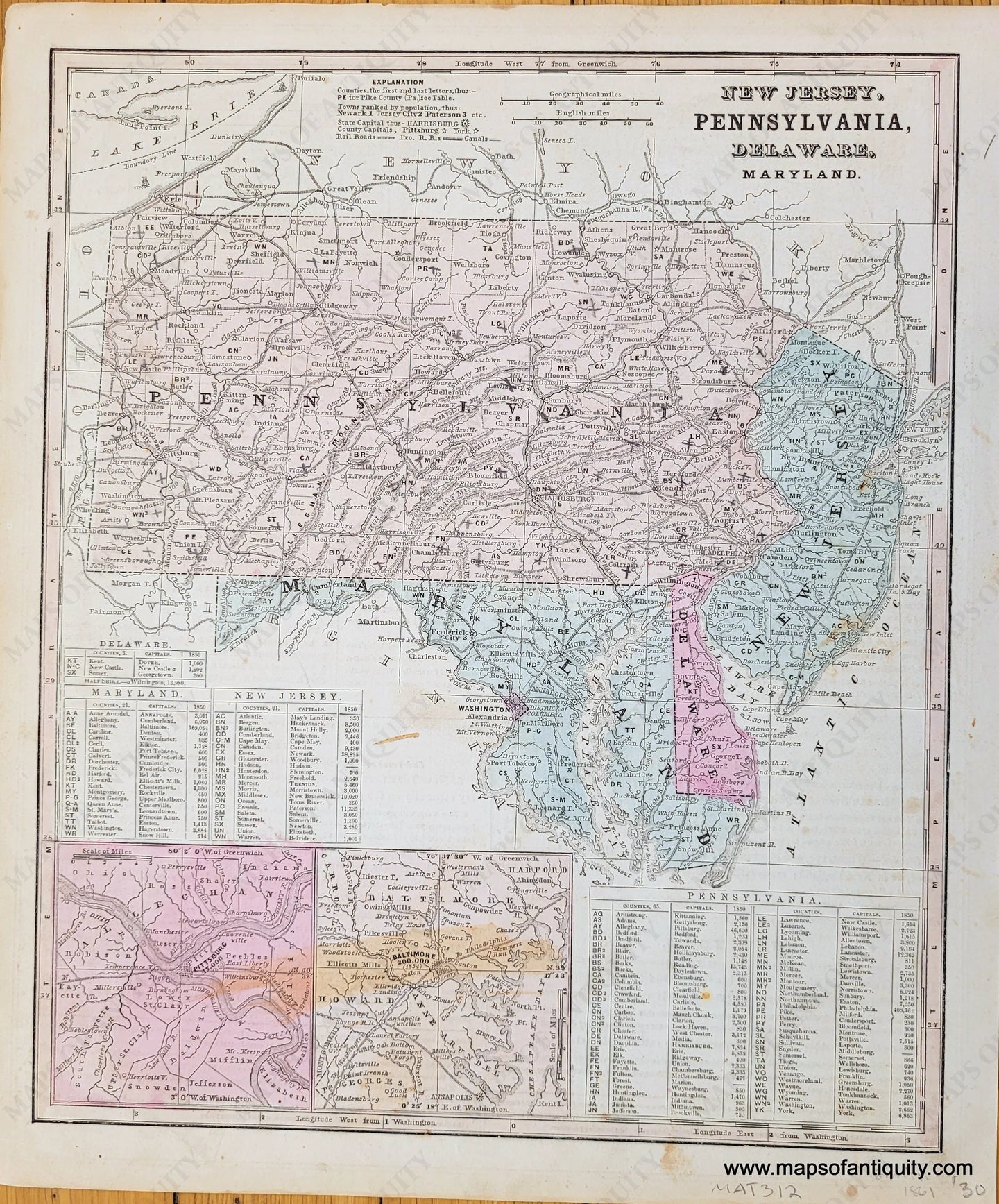 Genuine-Antique-Map-New-Jersey-Pennsylvania-Delaware-Maryland-1861-Smith-Maps-Of-Antiquity