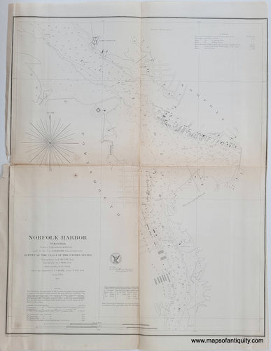 black and white coast survey report chart of Norfolk Harbor, VIrginia with buildings, roads, water depths. published 1857 by the US Coast Survey.