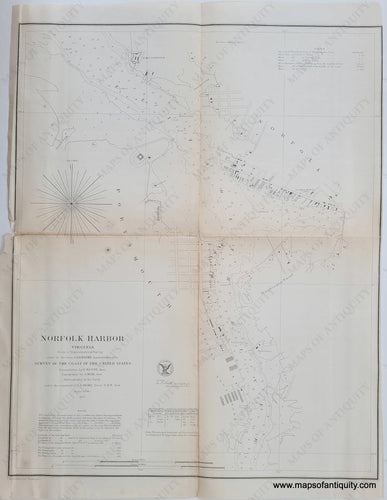 black and white coast survey report chart of Norfolk Harbor, VIrginia with buildings, roads, water depths. published 1857 by the US Coast Survey.