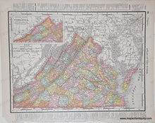 Load image into Gallery viewer, Antique map of Virginia in original printed color tones of pink, yellow orange, and green
