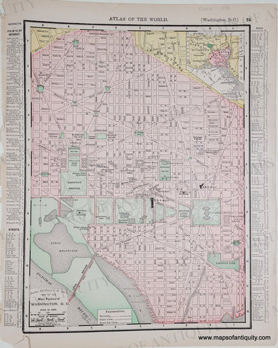 Antique map of part of Washington DC in original printed color tones of pink, yellow and green